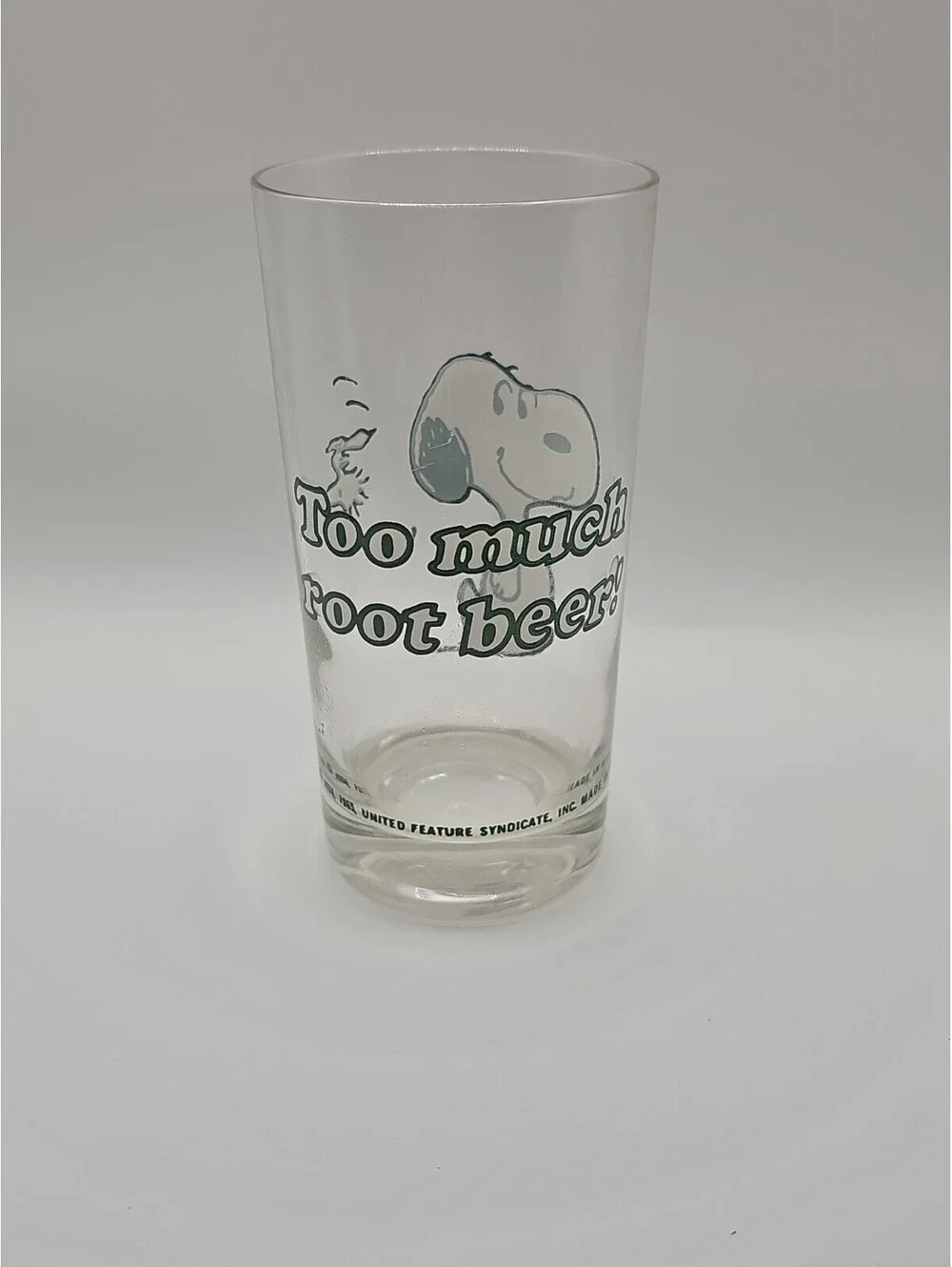 Vintage A&W Snoopy “Too Much Root Beer” Glass Green Outlined